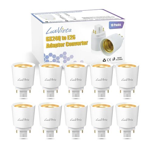 Luxvista Gx24q إلى E26/E27 محول مآخذ الإضاءة LED، Gx24 إلى محول قاعدة لمبة Edison المتوسطة، محول قاعدة مصباح CFL 4 دبوس، Gx24/Gx24q إلى E26 تركيبات الإضاءة، إزالة تجاوز الصابورة، 10 عبوات in Kuwait