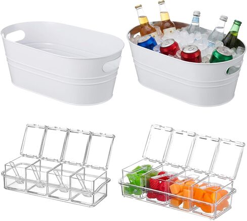 2 Pcs 4 Gallon Galvanized Metal Ice Buckets Large Metal Drink Bucket 2 Pcs Condiment Caddy Clear 4 Compartment with Lid and Spoon for Summer Birthday Party Dinner Wedding Mimosa Bar(White) in Saudi Arabia