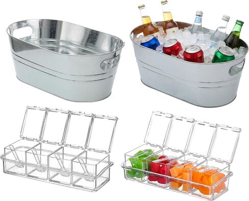 2 Pcs 4 Gallon Galvanized Metal Ice Buckets Large Metal Drink Bucket 2 Pcs Condiment Caddy Clear 4 Compartment with Lid and Spoon for Summer Birthday Party Dinner Wedding Mimosa Bar(White) in Saudi Arabia