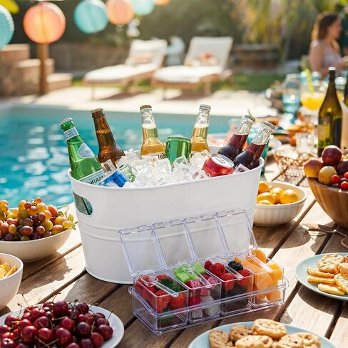 2 Pcs 4 Gallon Galvanized Metal Ice Buckets Large Metal Drink Bucket 2 Pcs Condiment Caddy Clear 4 Compartment with Lid and Spoon for Summer Birthday Party Dinner Wedding Mimosa Bar(White) in Saudi Arabia