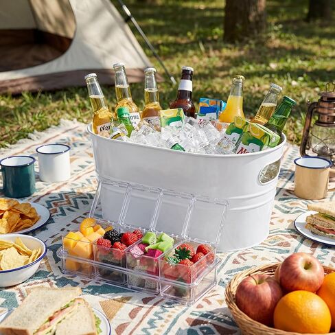2 Pcs 4 Gallon Galvanized Metal Ice Buckets Large Metal Drink Bucket 2 Pcs Condiment Caddy Clear 4 Compartment with Lid and Spoon for Summer Birthday Party Dinner Wedding Mimosa Bar(White) in Saudi Arabia