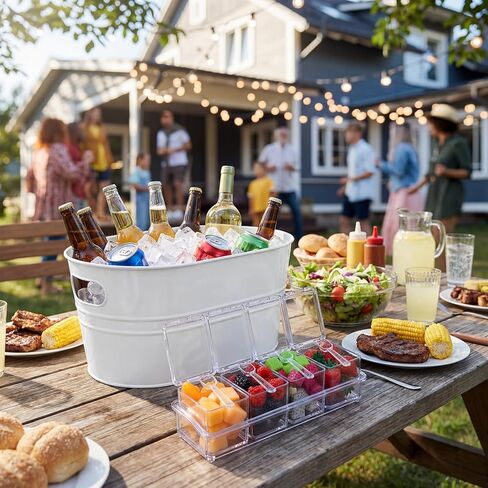 2 Pcs 4 Gallon Galvanized Metal Ice Buckets Large Metal Drink Bucket 2 Pcs Condiment Caddy Clear 4 Compartment with Lid and Spoon for Summer Birthday Party Dinner Wedding Mimosa Bar(White) in Saudi Arabia
