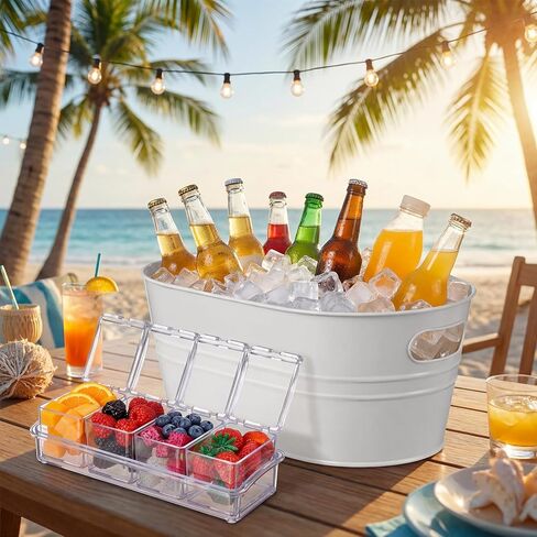 2 Pcs 4 Gallon Galvanized Metal Ice Buckets Large Metal Drink Bucket 2 Pcs Condiment Caddy Clear 4 Compartment with Lid and Spoon for Summer Birthday Party Dinner Wedding Mimosa Bar(White) in Saudi Arabia