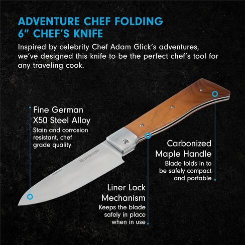 سكين الشيف Messermeister Adventure Chef القابل للطي مقاس 6 بوصات - مقبض من الفولاذ الألماني والقيقب المتفحم - مقاوم للصدأ وسهل الصيانة in Kuwait