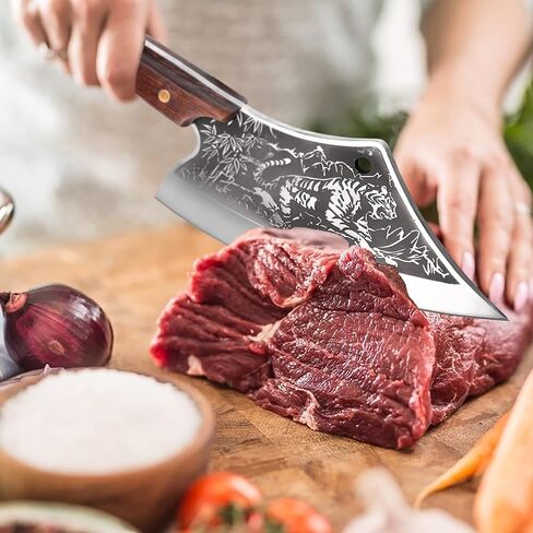 ساطور تقطيع اللحوم، سكاكين مطبخ فايكنغ على الطراز الياباني مع غمد، شفرة منحنية من الجزار مزورة بنمط النمر، للمنزل والمطعم - هدية ممتازة in Kuwait