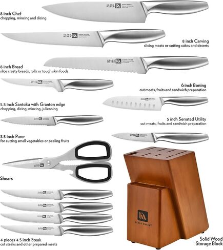 Klaus Meyer 13-Piece Kitchen Knife Set With Block, High Carbon Stainless Steel and Non-Slip Handles. Rust Proof And Dishwasher Safe Cutlery in Kuwait