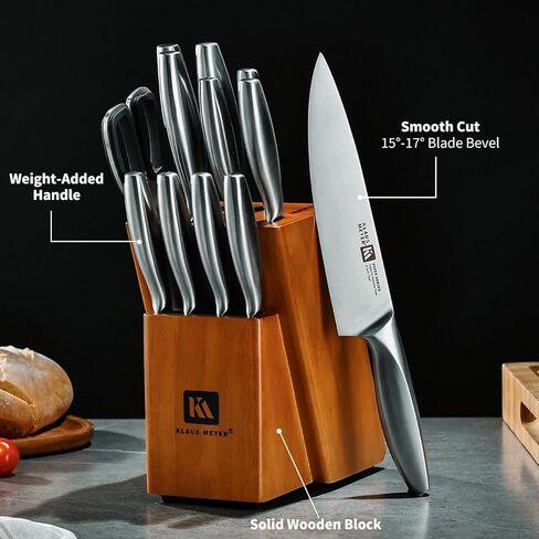 Klaus Meyer 13-Piece Kitchen Knife Set With Block, High Carbon Stainless Steel and Non-Slip Handles. Rust Proof And Dishwasher Safe Cutlery in Kuwait