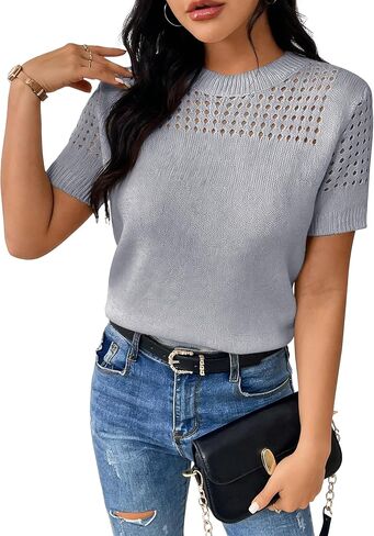Short Sleeve Sweaters for Women 2026 Casual Crewneck Summer Shirts Lightweight Hollow Out Knit Sweater Tops in Saudi Arabia