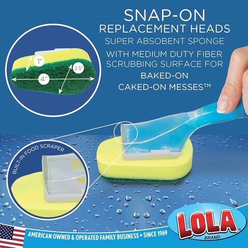LOLA Dish Brush w/Soap Dispenser Wand, 1 Brush w/Head & 6 Refills, Absorbent Sponge Scrubber, No Leaking. Clean Dishes, Sinks and Cookware in Saudi Arabia