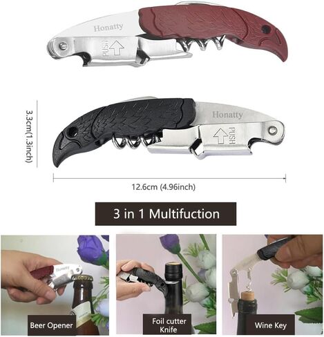 Waiter Corkscrew Wine Opener Manual | 2 Pack Professional Honatty 3-in-1 Heavy Duty Double Hinged Wine Key with Foil Cutter & Beer Bottle Opener for Servers, Bartenders & Home Use in Kuwait