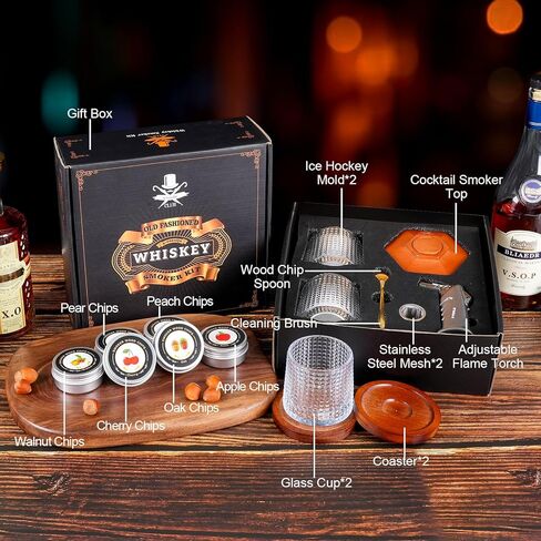 Whiskey Smoker Kit with Torch - 6 Flavors Wood Chips, 2 Rotatable Whiskey Glasses, 2 Ice Ball Molds - Cocktail Smoker Infuser Kit, Old Fashioned Smoker Kit, Birthday Gifts for Men, Dad(NO Butane) in Kuwait