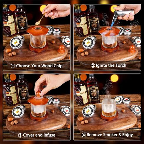 Whiskey Smoker Kit with Torch - 6 Flavors Wood Chips, 2 Rotatable Whiskey Glasses, 2 Ice Ball Molds - Cocktail Smoker Infuser Kit, Old Fashioned Smoker Kit, Birthday Gifts for Men, Dad(NO Butane) in Kuwait