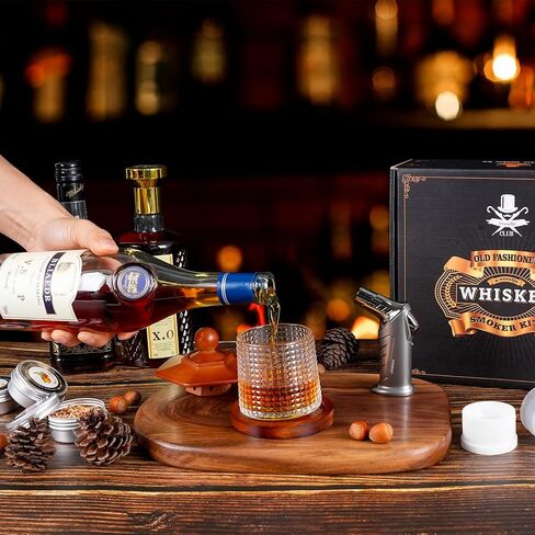 Whiskey Smoker Kit with Torch - 6 Flavors Wood Chips, 2 Rotatable Whiskey Glasses, 2 Ice Ball Molds - Cocktail Smoker Infuser Kit, Old Fashioned Smoker Kit, Birthday Gifts for Men, Dad(NO Butane) in Kuwait