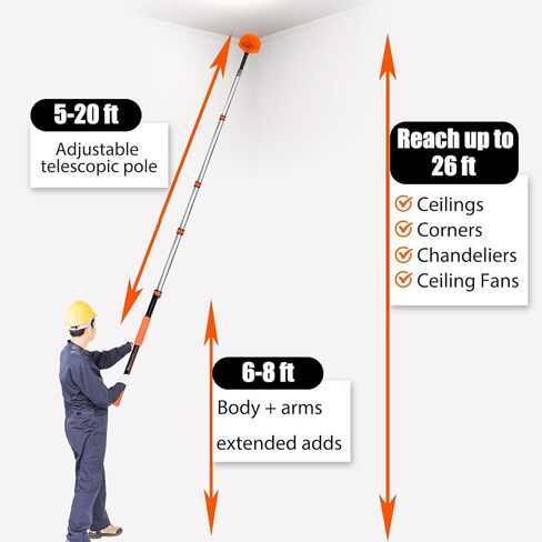 Buyplus 26FT Reach Cobweb Duster، فرشاة تنظيف شبكة العنكبوت في الهواء الطلق مع عمود تمديد احترافي 5-20FT، شعيرات رقيق غير قابلة للتساقط، مناسبة للسقف ومنفضات الزوايا للداخلية والخارجية in Kuwait
