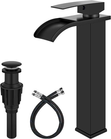 Vessel Sink Faucet Waterfall Tall Bathroom Faucet Single Handle,Single Hole Lavatory Vanity Mixer Tap with Pop Up Drain and Supply Lines,Matte Black in Kuwait