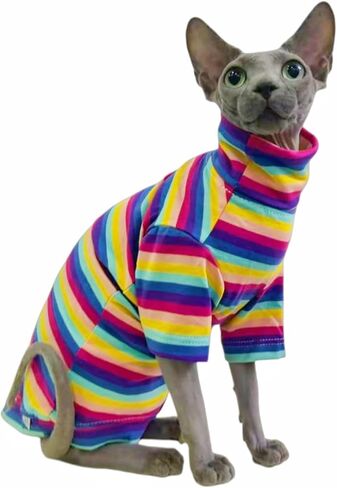 Vintage Stripes Sphynx Hairless Cats Shirt Cotton Cat Turtleneck Pet Clothes Kitten T-Shirts with Sleeves for Sphynx Cornish Rex, Devon Rex, Peterbald (Grey Stripe, X-Small (Pack of 1)) in Saudi Arabia