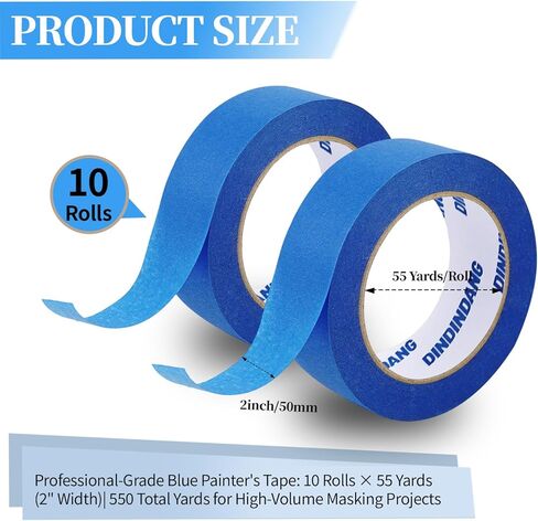 10 Rolls Painters Tape 2 Inch Wide Bulk, No Residue Blue Paint Tape 2 Inches x 55 Yards, Easy-Release Masking Tape for Painting Walls, Baseboards and Home Renovation in Kuwait