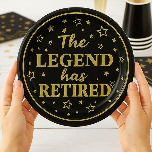50 عبوة من أطباق ورقية لحفلات التقاعد مقاس 7 بوصات - "The Legend Has Retired" - أطباق للاستعمال مرة واحدة باللونين الأسود والذهبي للمتقاعدين - أطباق ورقية ممتازة لمستلزمات حفلات التقاعد وزملاء العمل والمعلمين in Kuwait
