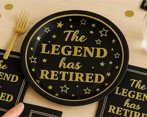 50 عبوة من أطباق ورقية لحفلات التقاعد مقاس 7 بوصات - "The Legend Has Retired" - أطباق للاستعمال مرة واحدة باللونين الأسود والذهبي للمتقاعدين - أطباق ورقية ممتازة لمستلزمات حفلات التقاعد وزملاء العمل والمعلمين in Kuwait