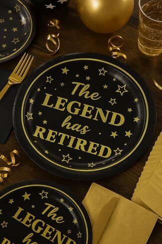 50 عبوة من أطباق ورقية لحفلات التقاعد مقاس 7 بوصات - "The Legend Has Retired" - أطباق للاستعمال مرة واحدة باللونين الأسود والذهبي للمتقاعدين - أطباق ورقية ممتازة لمستلزمات حفلات التقاعد وزملاء العمل والمعلمين in Kuwait