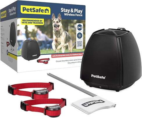 سياج الحيوانات الأليفة اللاسلكي Stay & Play من PetSafe للكلاب العنيدة - لا يوجد سلك لدفنه - يغطي ساحة بمساحة 3/4 فدان - للكلاب التي يصعب تدريبها بوزن 5 رطل. & Up – محمول – من الشركة الأم للعلامة التجارية INVISIBLE FENCE in Kuwait