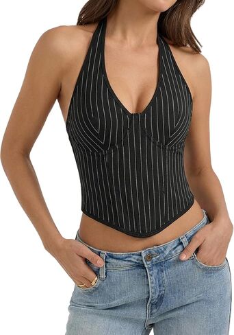 SHENHE Halter Tops for Women Y2K Pinstripe Bustier Corset V Neck Top Goth Tank Vest in Saudi Arabia