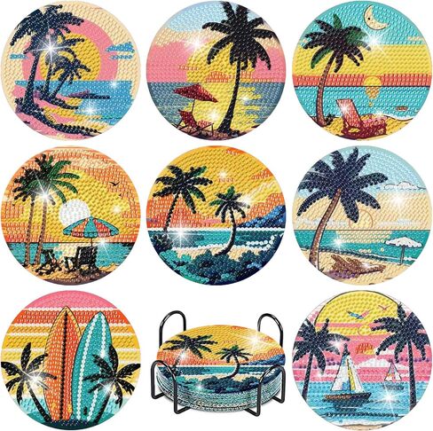 CAMOYAI 8 pcs Beach Diamond Art Coasters Kits with Holder, DIY Landscape Diamond Painting Coasters,Diamond Art Kits for Adults Beginners in Saudi Arabia