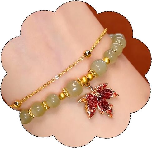 Jade Beaded Bracelets for Women Fall Maple Pendant Bangle Bracelets Chinese Style Bangle Lucky Boho Jewelry in Saudi Arabia