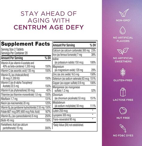 ​​​Centrum Age Defy for Women 35+ - High-Potency Multivitamin and Healthy Aging Supplement – Multivitamin with Resveratrol, and Niacin for NAD+ Level Support - Aluminum Bottle, 60 Tablets​ in Kuwait