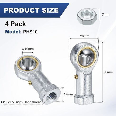 M METERXITY 4-Pack PHS10 محمل نهاية القضيب، M10x1.5 الخيط الأيمن ذاتية التشحيم أنثى الخيط الفولاذي المشترك ينتهي قضيب ث صواميل المربى لتزوير أدوات الآلة in Kuwait