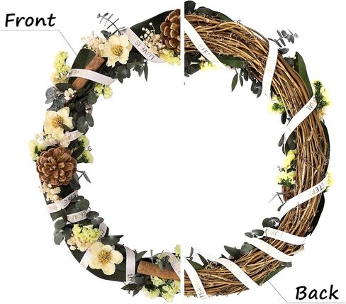 14 Inch Front Door Wreath - Natural Anemone Eucalyptus Wreath with Rattan Base, Eucalyptus & Myosotis Design for Thanksgiving,Christmas,Wedding and Party Decor(EucalyptusGarden) in Saudi Arabia