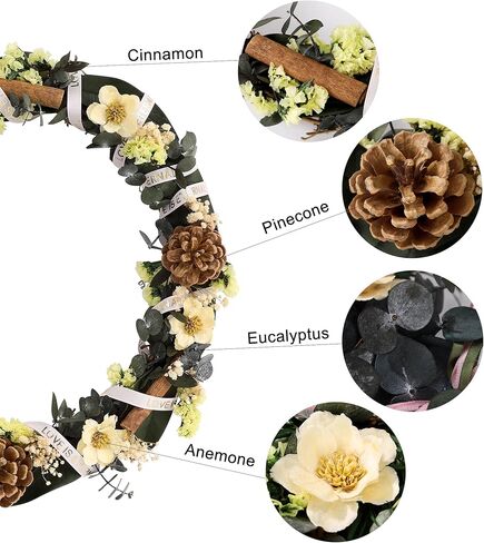 14 Inch Front Door Wreath - Natural Anemone Eucalyptus Wreath with Rattan Base, Eucalyptus & Myosotis Design for Thanksgiving,Christmas,Wedding and Party Decor(EucalyptusGarden) in Saudi Arabia