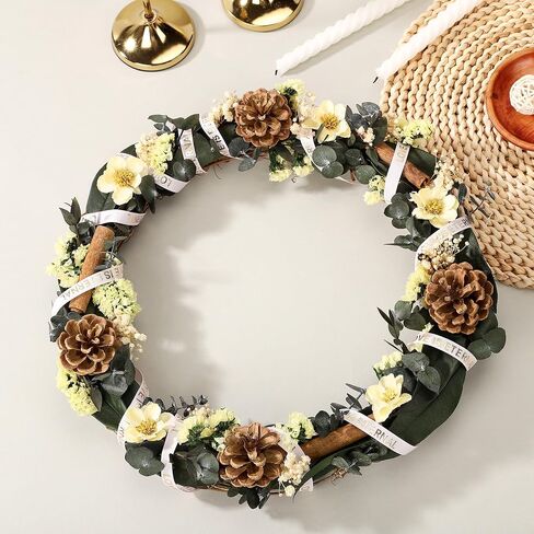 14 Inch Front Door Wreath - Natural Anemone Eucalyptus Wreath with Rattan Base, Eucalyptus & Myosotis Design for Thanksgiving,Christmas,Wedding and Party Decor(EucalyptusGarden) in Saudi Arabia