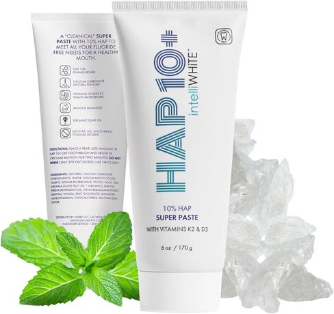 معجون أسنان IntelliWHiTE HAP10+ Super Paste Vitamin D3 وK2 - 10% معجون أسنان هيدروكسيباتيت لإعادة التمعدن والأسنان الحساسة تم اختباره لإزالة البقع بنسبة 90% - خالي من الفلورايد - حجم كبير 236 مل - صنع في الولايات المتحدة الأمريكية in Kuwait