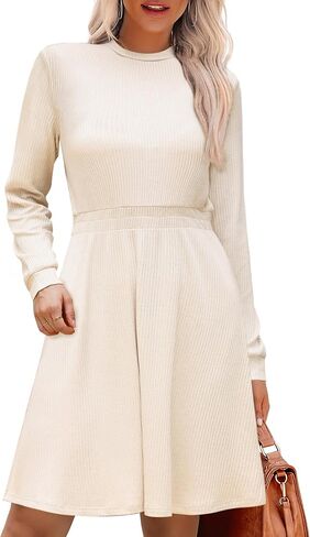 Allegra K Long Sleeve Dress for Women's Fall A-Line Ribbed Knit Crew Neck Midi Sweater Dresses in Saudi Arabia