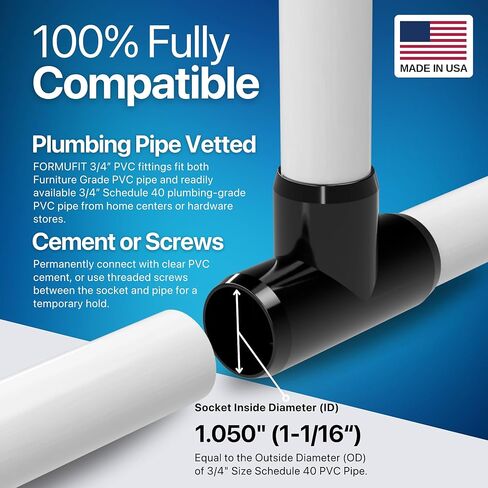 FORMUFIT 3/4" Tee Furniture Grade PVC Fitting in Black, Made in USA, UV-Resistant, Impact-Proof, 1.050" Actual Socket Diameter (Pack of 8) - F034TEE-BK-8 in Saudi Arabia