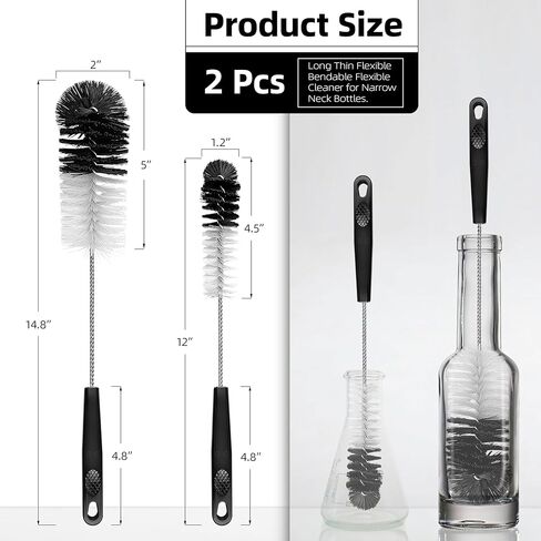 2 Pcs Bottle Brushes Set, Long Thin Flexible Bendable Flexible Cleaner for Narrow Neck Bottles, Water/Wine/Beer/Baby Bottles, Pipes, Tubes, Hoses, Teapots - Bendable & Dishwasher Safe in Kuwait