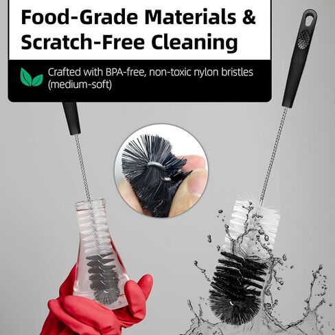2 Pcs Bottle Brushes Set, Long Thin Flexible Bendable Flexible Cleaner for Narrow Neck Bottles, Water/Wine/Beer/Baby Bottles, Pipes, Tubes, Hoses, Teapots - Bendable & Dishwasher Safe in Kuwait