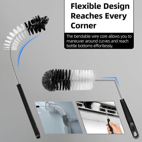 2 Pcs Bottle Brushes Set, Long Thin Flexible Bendable Flexible Cleaner for Narrow Neck Bottles, Water/Wine/Beer/Baby Bottles, Pipes, Tubes, Hoses, Teapots - Bendable & Dishwasher Safe in Kuwait