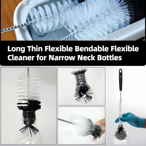 2 Pcs Bottle Brushes Set, Long Thin Flexible Bendable Flexible Cleaner for Narrow Neck Bottles, Water/Wine/Beer/Baby Bottles, Pipes, Tubes, Hoses, Teapots - Bendable & Dishwasher Safe in Kuwait