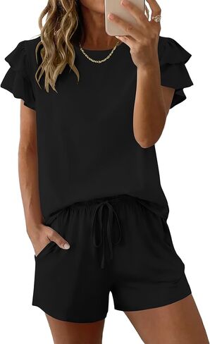 Ekouaer Womens Pajama Sets 2 Piece Ruffle Sleeves Top and Shorts Pjs Soft Sleepwear Casual Lounge Set with Pockets in Saudi Arabia