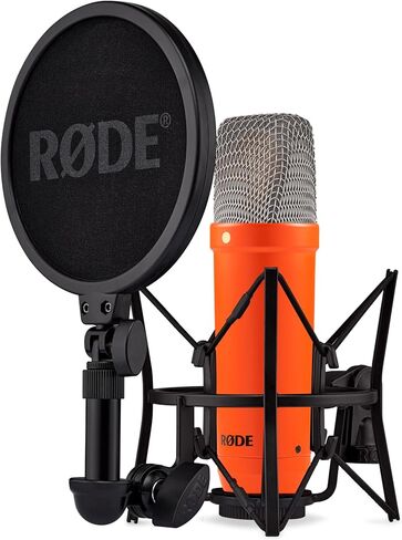 ميكروفون مكثف ذو غشاء كبير من سلسلة RØDE NT1 مع حامل للصدمات وفلتر بوب وكابل XLR لإنتاج الموسيقى والتسجيل الصوتي والبث والبث الصوتي (برتقالي) in Kuwait