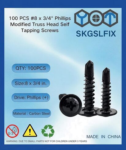 100pcs Self-Drilling Screws #8 x 3/4" Modified Truss Head, Black Zinc Carbon Steel Phillips Drive Wafer Head Sheet Metal Screws, Self Tapping TEK Screws for Wood and Metal in Kuwait