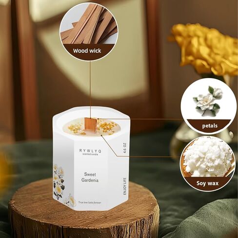 شمعة معطرة، شمعة شمع الصويا الطبيعي، شمعة طقطقة فتيل الخشب، ديكور المنزل وهدية العلاج العطري للاسترخاء للنساء والرجال، أبيض، (غاردينيا) in Kuwait
