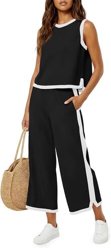 Fisoew Womens 2 Piece Outfits Summer Sleeveless Wide Leg Capris Tracksuits Casual Cotrast Colors Lounge Sets in Kuwait