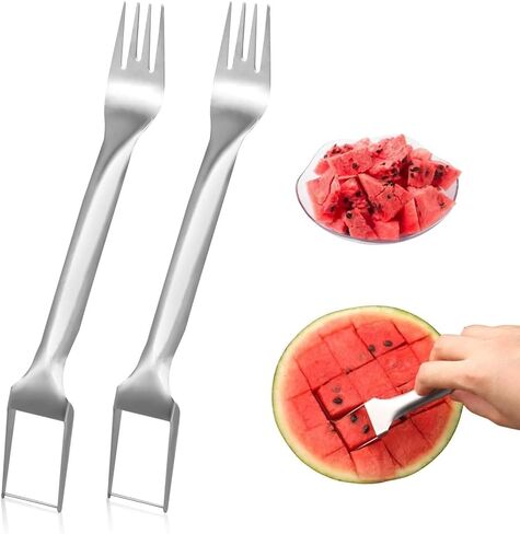 Generic قطعتان من أداة تقطيع فاكهة البطيخ، سكين تقطيع شوك الفاكهة من الفولاذ المقاوم للصدأ برأس مزدوج للحفلات العائلية والتخييم، 1 in Kuwait