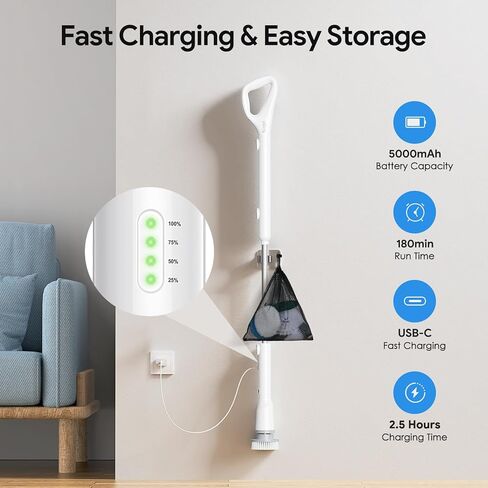 Sorpci Electric Spin Scrubber، 2026 فرشاة تنظيف لاسلكية جديدة، فرشاة تنظيف الدش مع 7 رؤوس فرشاة قابلة للاستبدال، جهاز تنظيف الطاقة 3 سرعات قابلة للتعديل، مقبض طويل قابل للفصل وIPX7 مقاوم للماء in Kuwait
