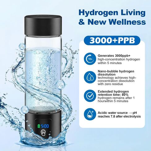Hydrogen Water Bottle Generator with Display - 5-Min 3000PPB+ Nano Bubble H2 Infusion - pH7.8 Alkaline Water, 460ml Leak-Proof Design with Type-C Charging, Suitable for Fitness, Outdoor and Office Use in Kuwait