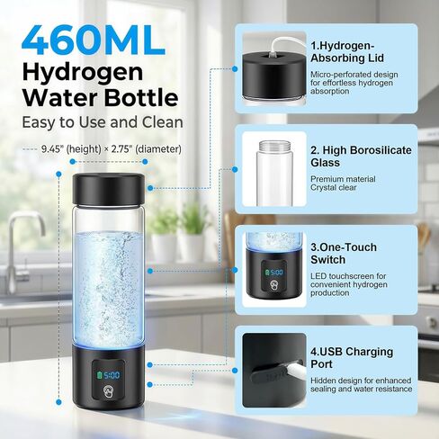 Hydrogen Water Bottle Generator with Display - 5-Min 3000PPB+ Nano Bubble H2 Infusion - pH7.8 Alkaline Water, 460ml Leak-Proof Design with Type-C Charging, Suitable for Fitness, Outdoor and Office Use in Kuwait