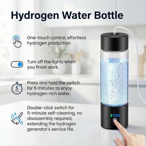 Hydrogen Water Bottle Generator with Display - 5-Min 3000PPB+ Nano Bubble H2 Infusion - pH7.8 Alkaline Water, 460ml Leak-Proof Design with Type-C Charging, Suitable for Fitness, Outdoor and Office Use in Kuwait